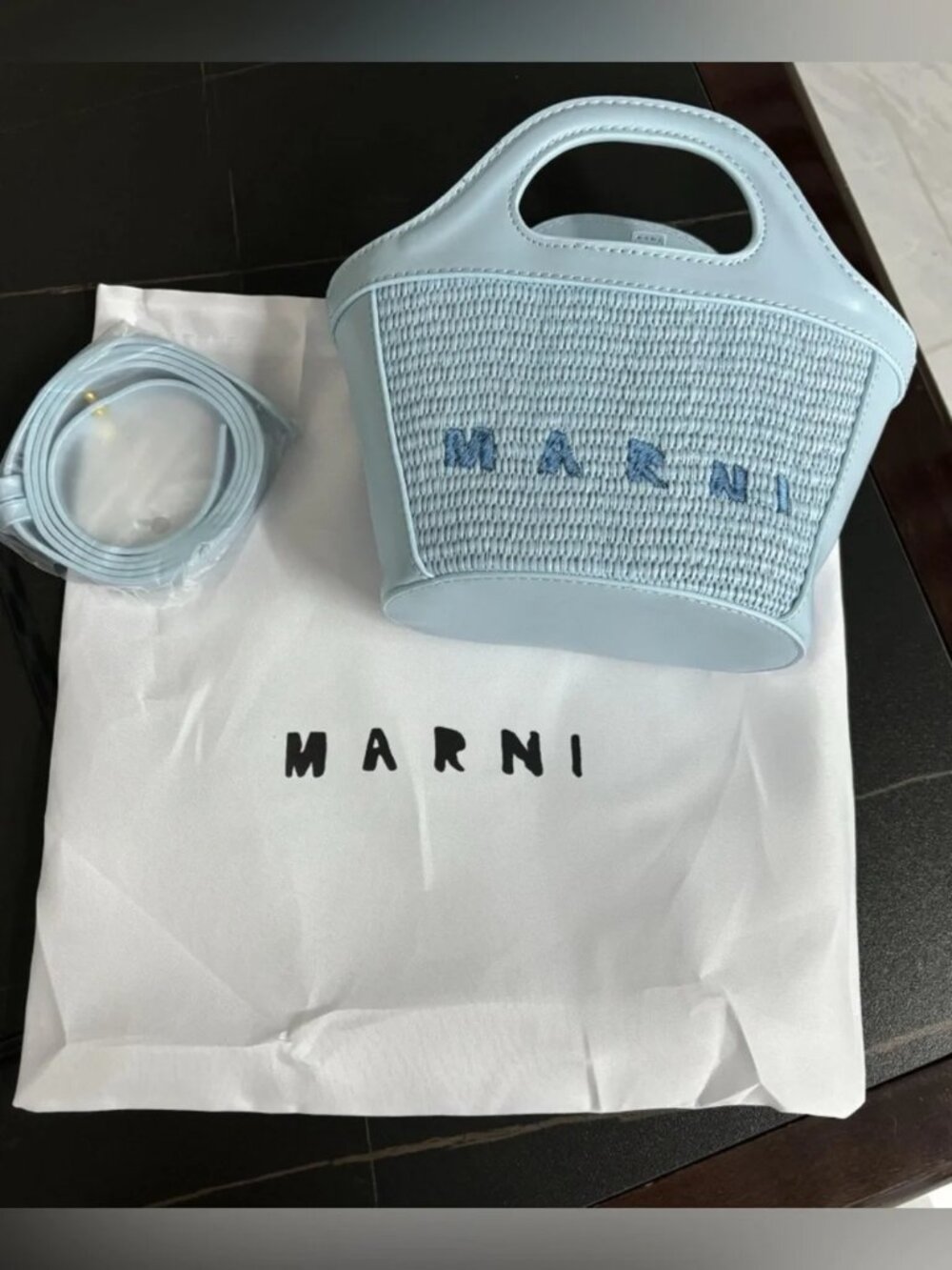 MARNI Light Blue Woven Tote Crossbody Handbag With Strap